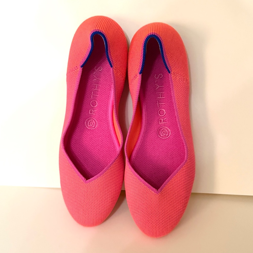 Rothy's Vibrant Pink Flats with Blue Accents